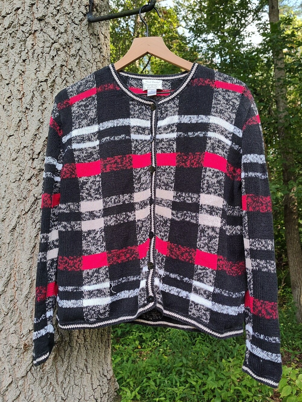 Black Red Checkered Plaid Hand Crochet Cardigan Sweater Ramie Cotton Sz L Flaws